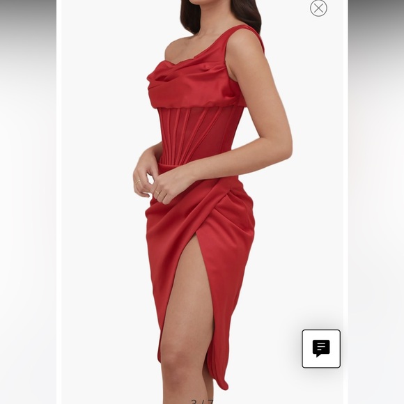 House of CB Lulu red dress- Red asymmetric draped corset midi satin dress - Picture 11 of 13